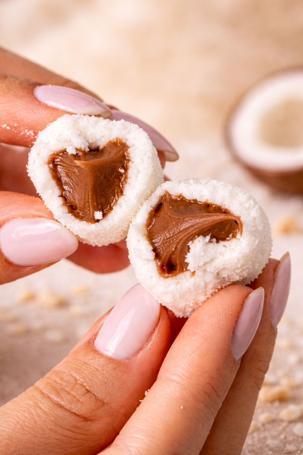 Bala de coco recheada cortada ao meio mostrando o recheio cremoso