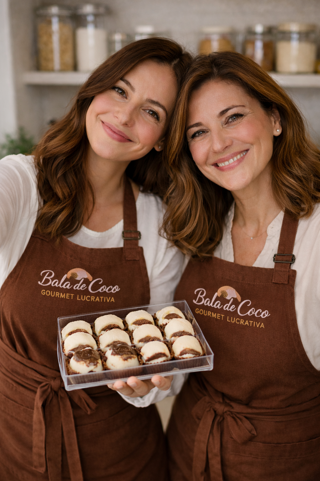 Mãe e Filha na cozinha produzindo balas de coco